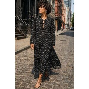 Matta Yamini Black Flowers Ikat Print 100% Cotton Tiered Maxi Boho Dress / SZ S